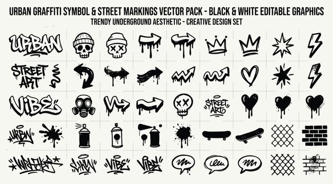 Urban graffiti symbol and street markings vector pack, black and white editable graphics