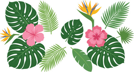 Fototapeta premium Tropical Leaves and Exotic Flowers Vector Collection with Monstera, Palm Fronds, Hibiscus, and Bird of Paradise Botanical Elements