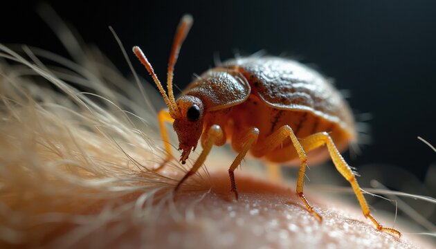 Tiny orange insect crawls on human skin hair closeup. Parasite on scalp causes itching and infection. Medical macro shot of ectoparasite and dermatology.