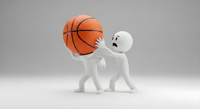 Character trying to remove a basketball head from another figure