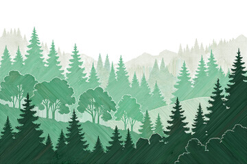 Obraz premium Stylized evergreen forest landscape with rolling hills and distant mountains