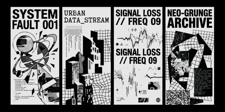 retro futuristic posters with distorted geometric forms. System failure retro futurism geometric polygon shape.