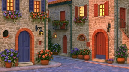 Fototapeta premium Colorful old street facades with doors, flowers and evening windows
