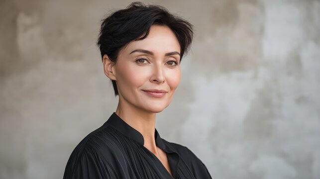 Short Dark Bixie Haircut on Gray Plaster Background