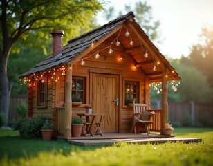 Fototapeta premium Small wooden cabin decorated with warm fairy lights on roof. Cozy backyard structure, childs playhouse at dusk. Evening outdoor scene with garden decorations.