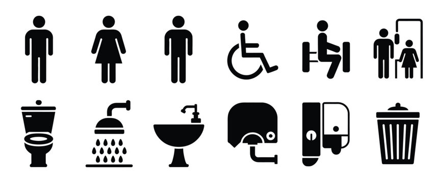 Restroom signage vector icon collection with toilet, shower, sink, and hand dryer pictograms for public facilities.