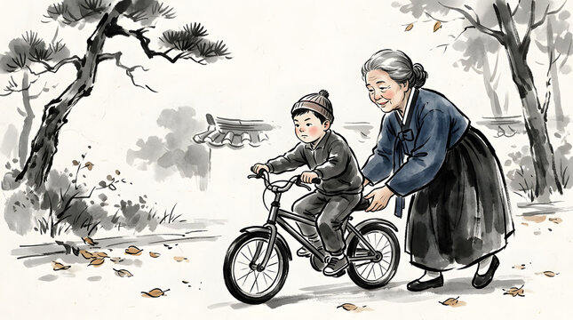 Elderly woman pushing young boy on bicycle outdoors