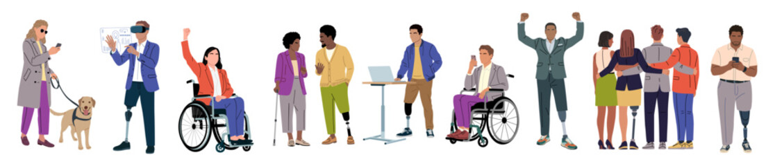Fototapeta premium Flat modern illustration of diverse individuals with disabilities using phones VR headset laptop wheelchair and cane in everyday activities
