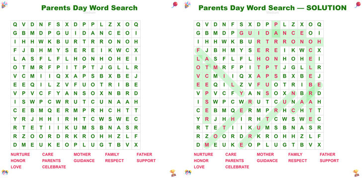 Parents Day word search puzzle. Printable vocabulary activity sheet with color answer key. Educational classroom game for kids and students