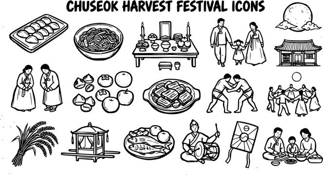 Traditional Korean Chuseok Harvest Festival Black and White Line Art Icons Set - Cultural Celebration Symbols