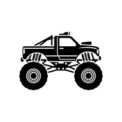 Naklejka premium Black Silhouette Monster Truck with Oversized Tires and Lifted Suspension on Transparent Background