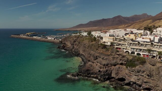 Aerial Pan of Morro Jable Harbor and Marina Boats in Jandia Fuerteventura Spain