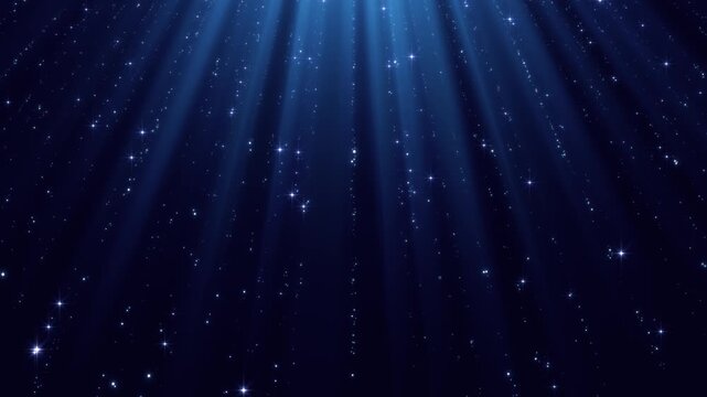 christmas and new year blue motion background with string shiny stars glitter and particles falling and light rays, social media design element