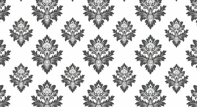 Seamless repeating damask pattern featuring stylized flowers and decorative scrolls