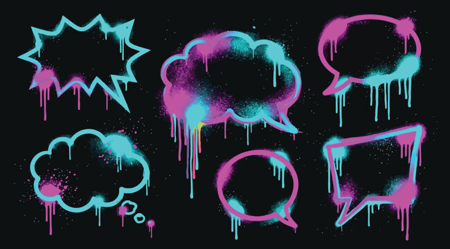 Spray paint graffiti speech bubbles with neon drips and splatter effect