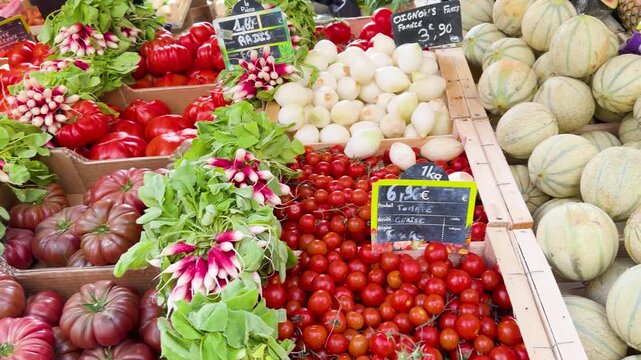 Fresh Heirloom Tomatoes Radishes and Melons at a French Market