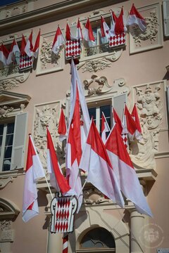National flag of Monaco waving on a flagpole in Monte Carlo with trees and buildings in background
