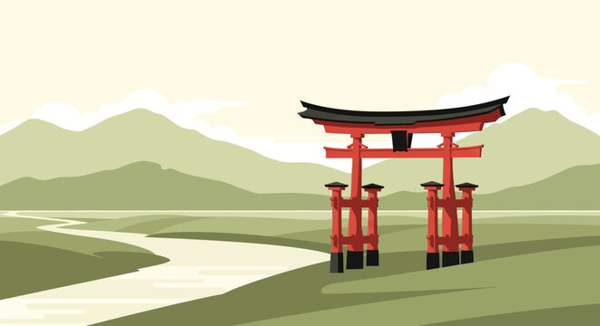 Traditional Japanese Torii Gate Standing Prominently.