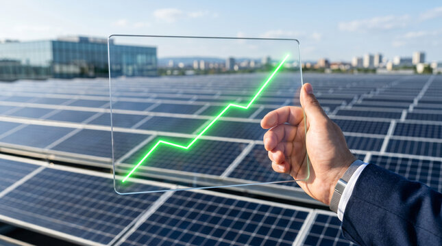 Businessman holding transparent board with green rising graph over solar panel field concept