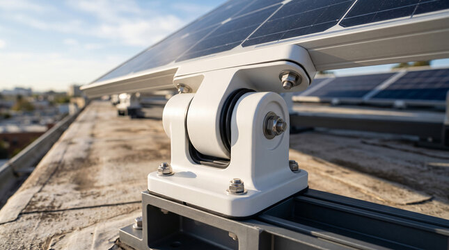 Close-up of mechanical mount supporting solar panel on rooftop under clear sky with urban view