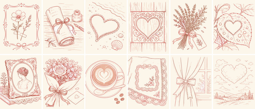 Romantic vintage illustrations of hearts, flowers, and romantic scenes