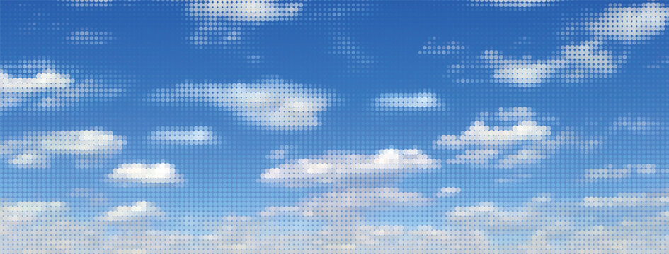 Sky cloud vector engraving texture background. Bright blue sky and white clouds made by diagonal lines and dots. Retro ink background design.