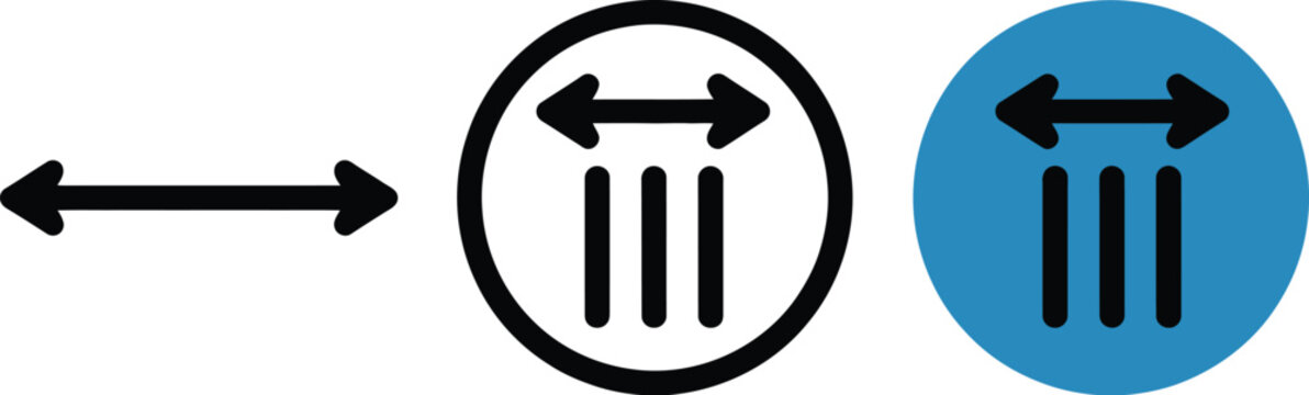 Horizontal width measurement icons, with arrows and vertical lines, for dimension, sizing, and technical measurement design use.