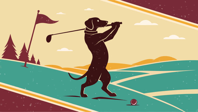 A dog playing golf on a green course with a flag and trees