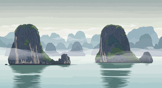 Two prominent limestone karsts rising from calm waters.