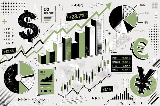 Financial data visualization with charts, graphs, and currency symbols
