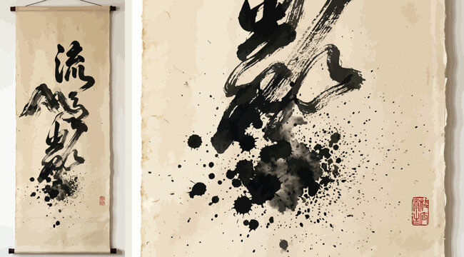 Traditional chinese calligraphy ink wash painting on hanging scroll