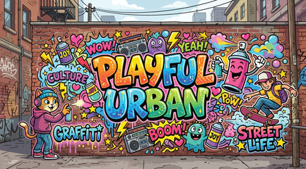Playful urban graffiti wall art with colorful cartoon characters and street life illustration © S.Siam