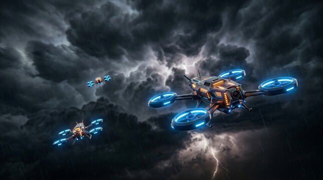 Futuristic flying drone and aircraft squadron navigating through stormy sky with lightning. Advanced aerial technology and automated transport concept. Cinematic sci-fi military operation.