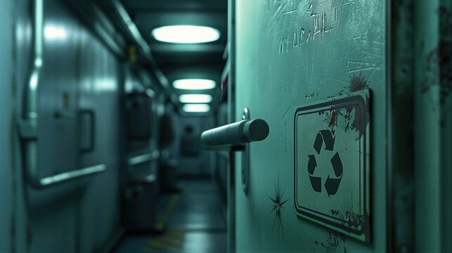 Corroded metal door in dark sterile corridor with biohazard sign. Hantavirus outbreak scene in quarantine zone. Abandoned industrial facility or ship hallway. Medical danger concept.