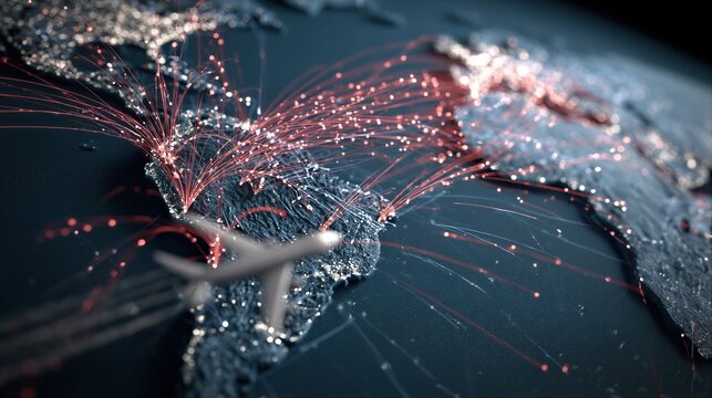 Hantavirus outbreak visualization on global map showing travel routes with airplane. Spread of viral infection across continents. Epidemiological data analysis of epidemic disease risk.