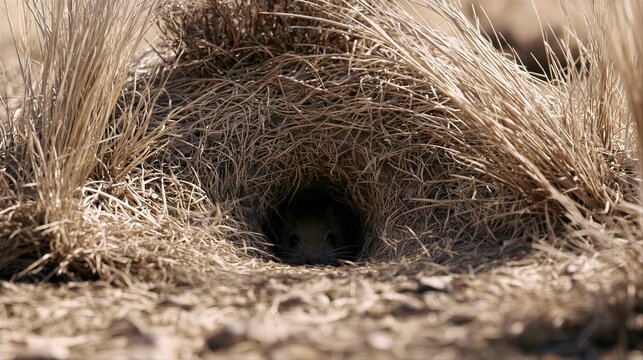 Deer mouse inside underground hole in dry grass. Vector of hantavirus transmission in wildlife habitat. Small rodent carrying infectious disease in nature. Viral infection risk.