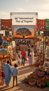 People visiting an outdoor market celebration for the International Day of Argania in Morocco.