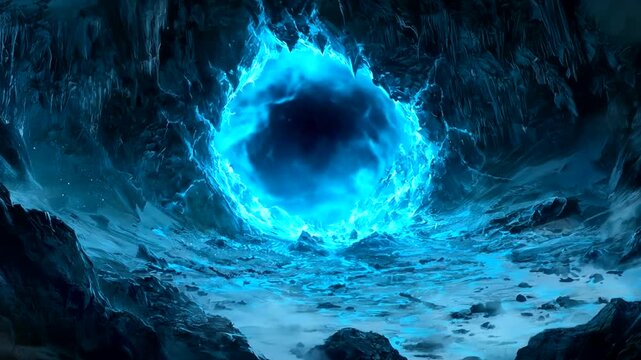 Mysterious Blue Portal in a Dark Cave - A Fantasy Scene.