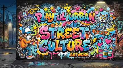 Playful urban street culture graffiti artwork on brick wall with cartoon characters © S.Siam
