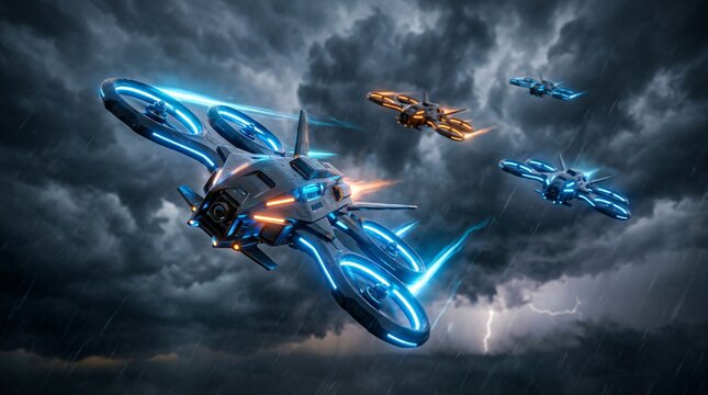 Futuristic flying drone and aircraft squadron navigating through stormy sky with lightning. Advanced aerial technology and automated transport concept. Cinematic sci-fi military operation.