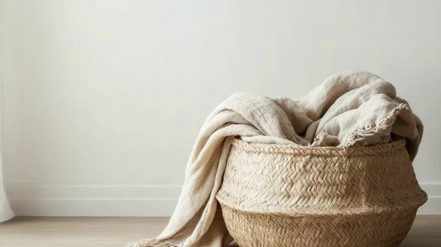 A basket holds a cream blanket in a bright room. The blanket is draped casually over the basket. Soft light fills the space, creating a warm feeling. Simple decor adds to the charm