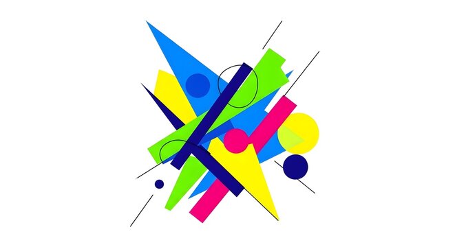Vibrant abstract geometric composition with overlapping colorful shapes and lines on a clean white background, modern art design element.