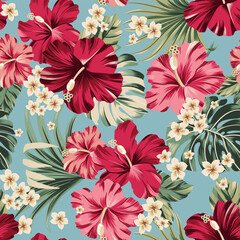 Vector seamless pattern Exotic wallpaper of tropical flowers green leaves of palm trees and flowers bird of paradis, hibiscus, artwork for fabrics, souvenirs, packaging, greeting cards   © Aglaia