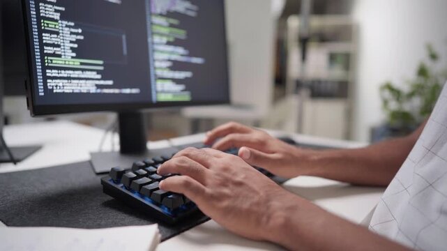 Close up hand typing keyboard of adult engineer latin man programmer coding AI artificial intelligence algorithm coder training monitor