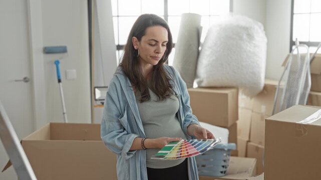 Woman holding paint swatches with hand on pregnant belly in building surrounded by moving boxes and packing supplies; nesting anticipation.