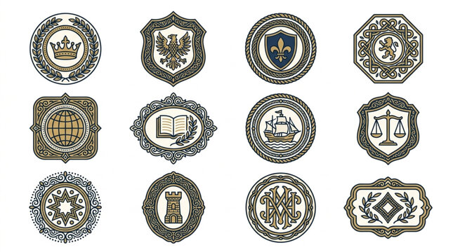 Collection of twelve vintage heraldic emblems and crests.