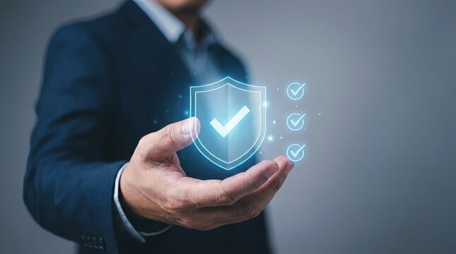 Man in suit holding hand out with glowing shield icon and checkmarks symbolizing protection safety and security with blurred background