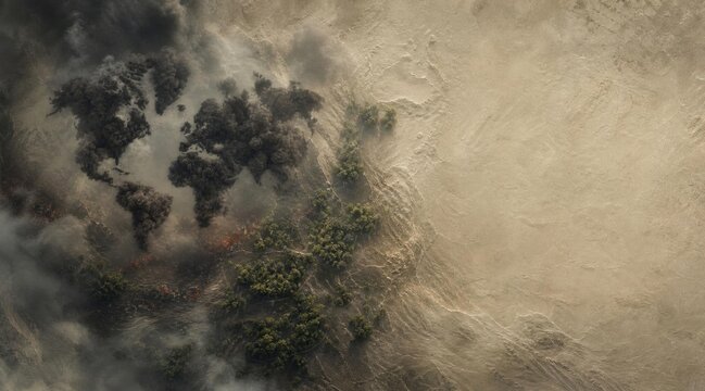 World map engulfed in smoke and fire, symbolizing ecological disaster and climate crisis effects