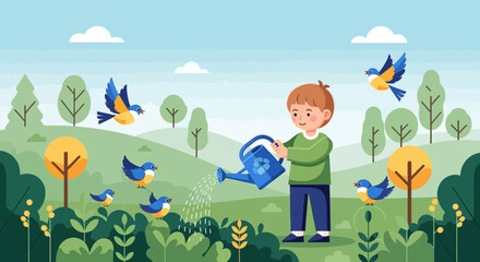 Naklejka premium Boy watering plants in garden with birds