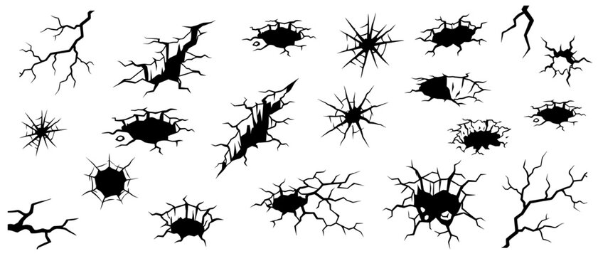 Crack Vector Art. Broken floor holes and ground crack vector illustrations. Collection of black ground crack silhouettes and deep hole shapes, shattered surface elements, asphalt damage effects.